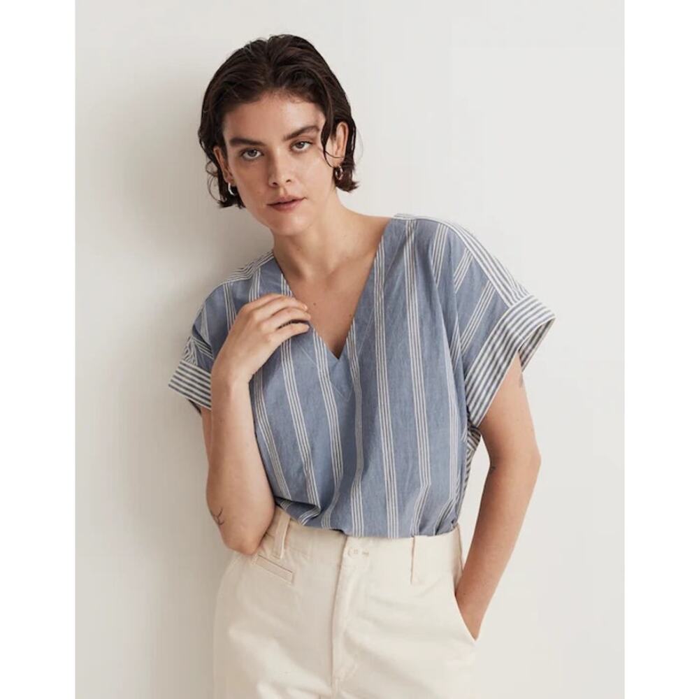 Madewell (S) Faded Blue/ White Crinkle Cotton Boxy Top in Mixed Stripe